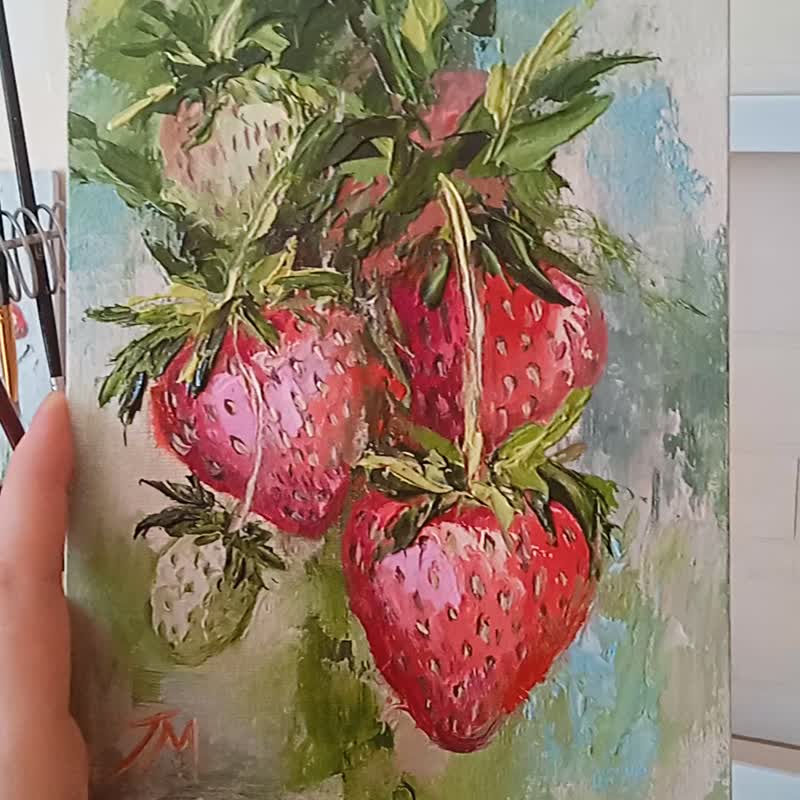 草莓画原创油画水果墙艺术布面油画 6*8 英寸 - 海报/装饰画/版画 - 其他材质 红色