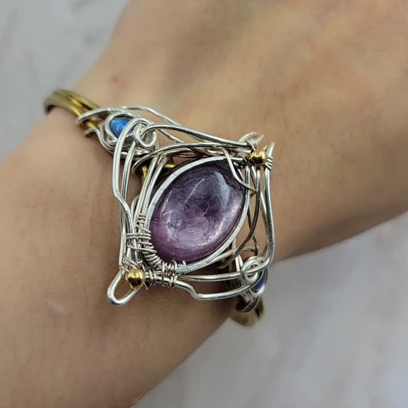 手工绕线 999纯银 魔幻风止紫锂云母 黄铜手鈪 - 手链/手环 - 铜/黄铜 