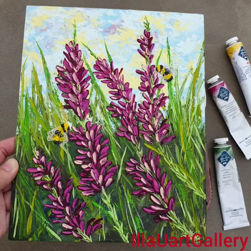 Bee Painting Lavender Original Art Floral Wall Art Grass Impasto Oil Painting - 海报/装饰画/版画 - 其他材质 多色