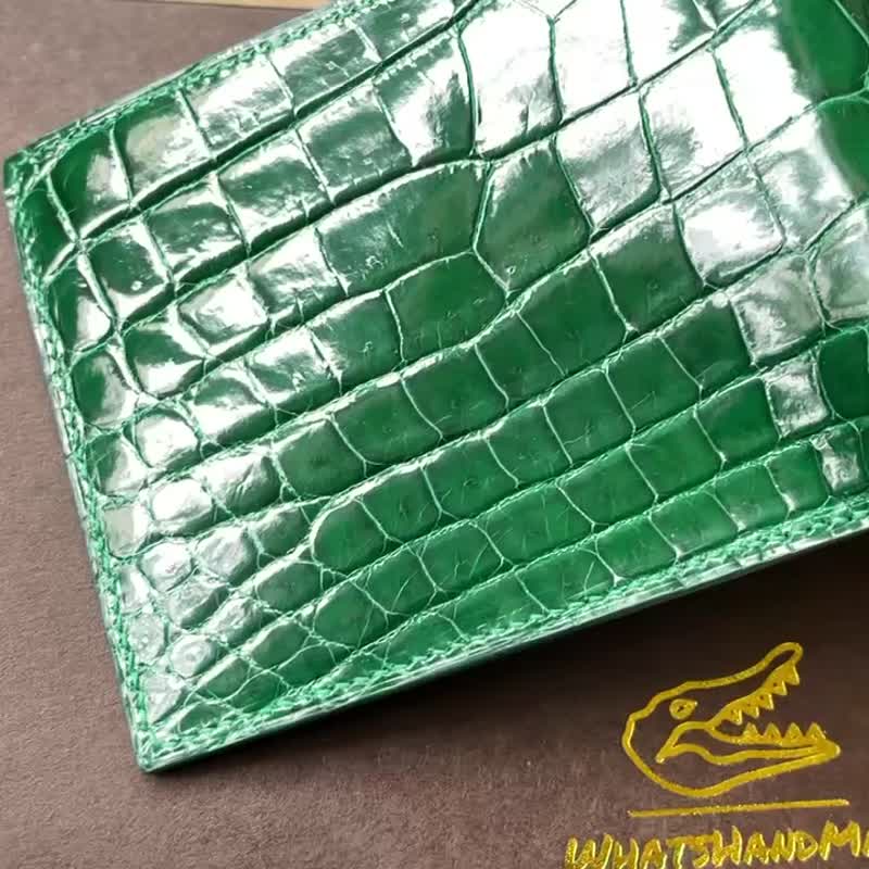 法国料光面宝石绿色手工鳄鱼皮革银包 - 皮夹/钱包 - 真皮 绿色