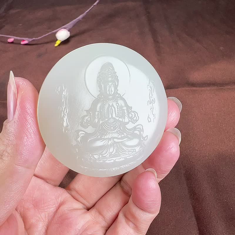 秒杀价 天然新疆和田玉羊脂玉观音平安扣圆牌吊坠 - 吊饰 - 玉石 