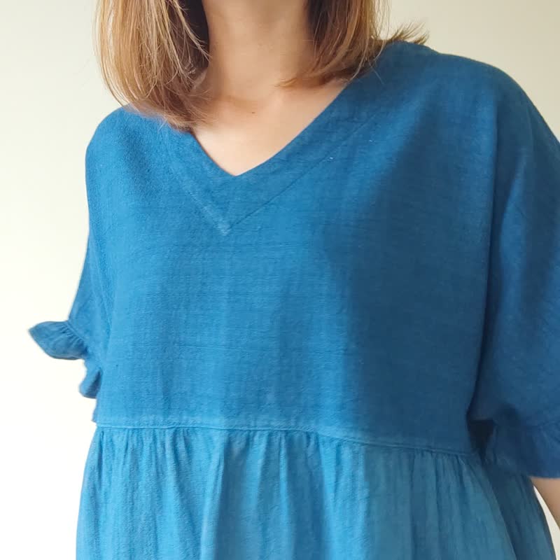 Vee Li na - 大轮廓扎染褶边下摆上衣 - 女装上衣 - 棉 蓝色