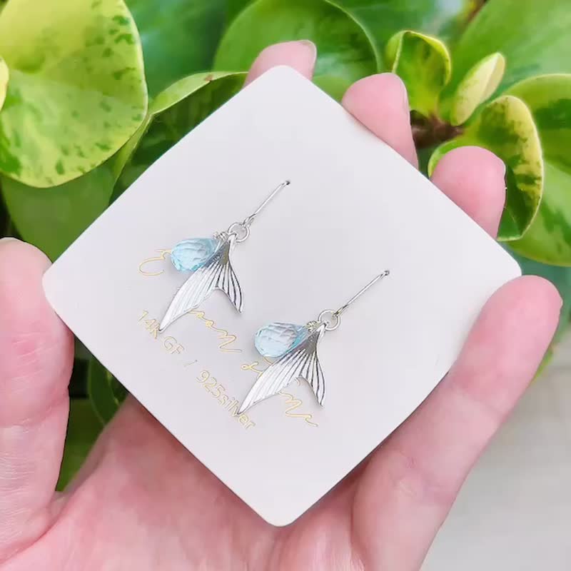 小美人鱼 海蓝宝石水滴纯银925耳环 缓解压力 提升直觉 - 耳环/耳夹 - 水晶 蓝色