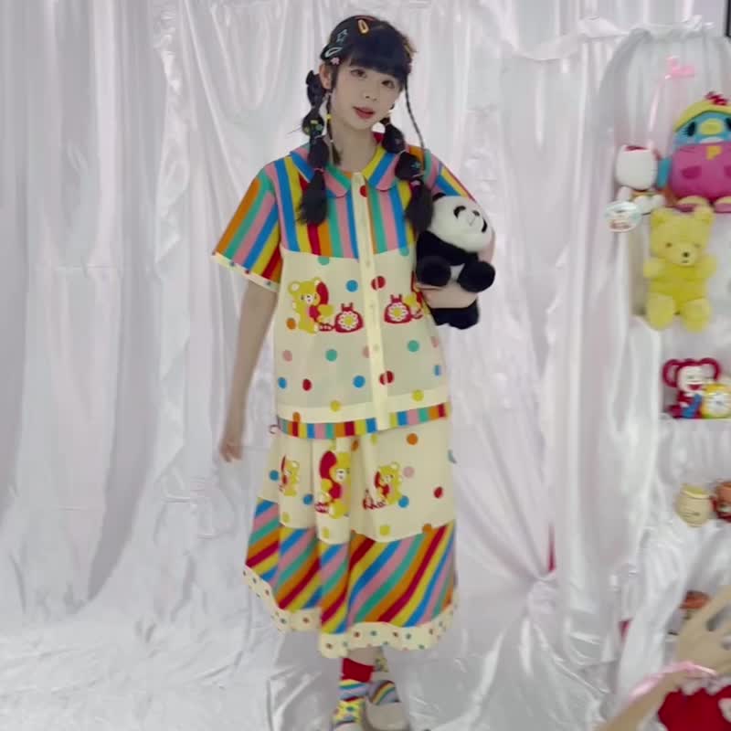 原創印花彩虹日記小熊拼接衬衫洋裝 日系可愛少女分碼大碼訂製 - 女装衬衫 - 棉．麻 多色