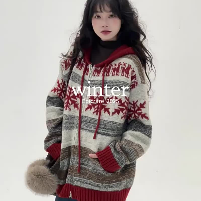 2顔色 冬日雪花 連帽費爾島毛衣 針織復古提花文藝復古上衣 - 女装针织衫/毛衣 - 聚酯纤维 红色