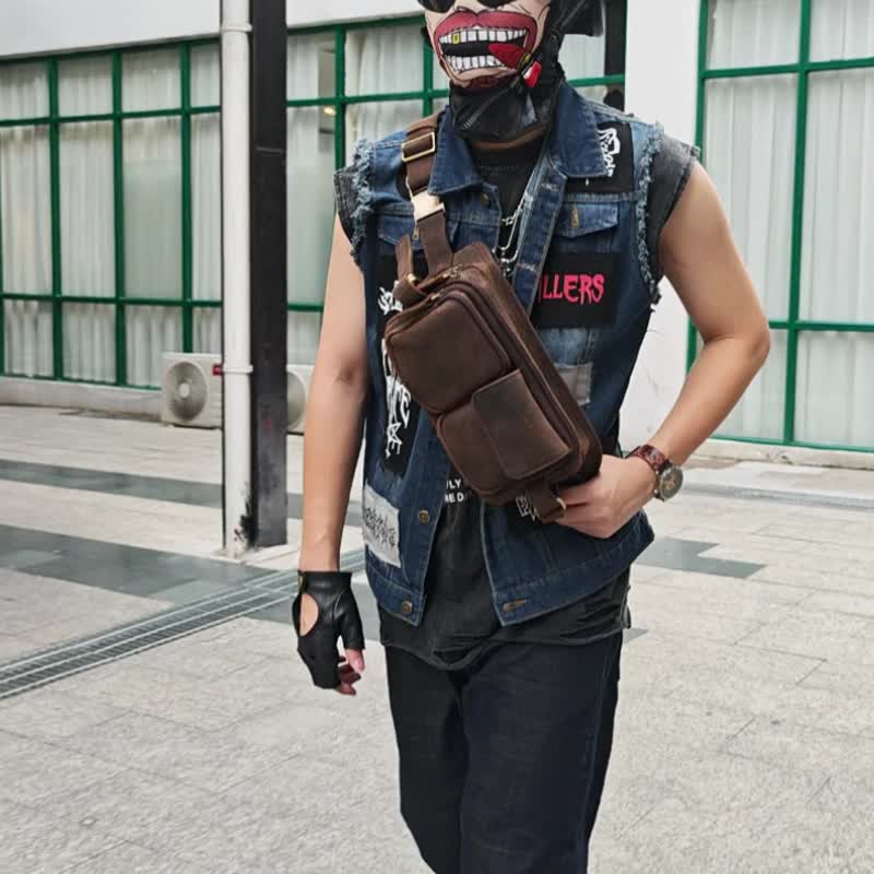 复古疯马牛皮男士腰包 机车骑士个性胸包 多口袋大容量斜挎包 - 侧背包/斜挎包 - 真皮 咖啡色