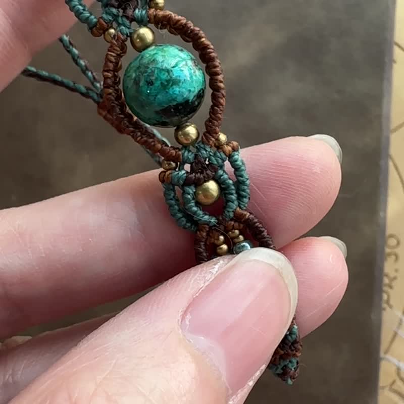 BB52 民族风 蜡线编织 凤凰石 铜珠 手环 (可调长度) - 手链/手环 - 宝石 咖啡色