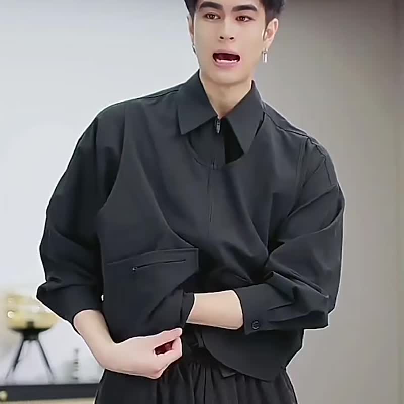 男士暗黑风长袖衬衫  大口袋休闲衬衣开衫 - 男装衬衫 - 聚酯纤维 黑色