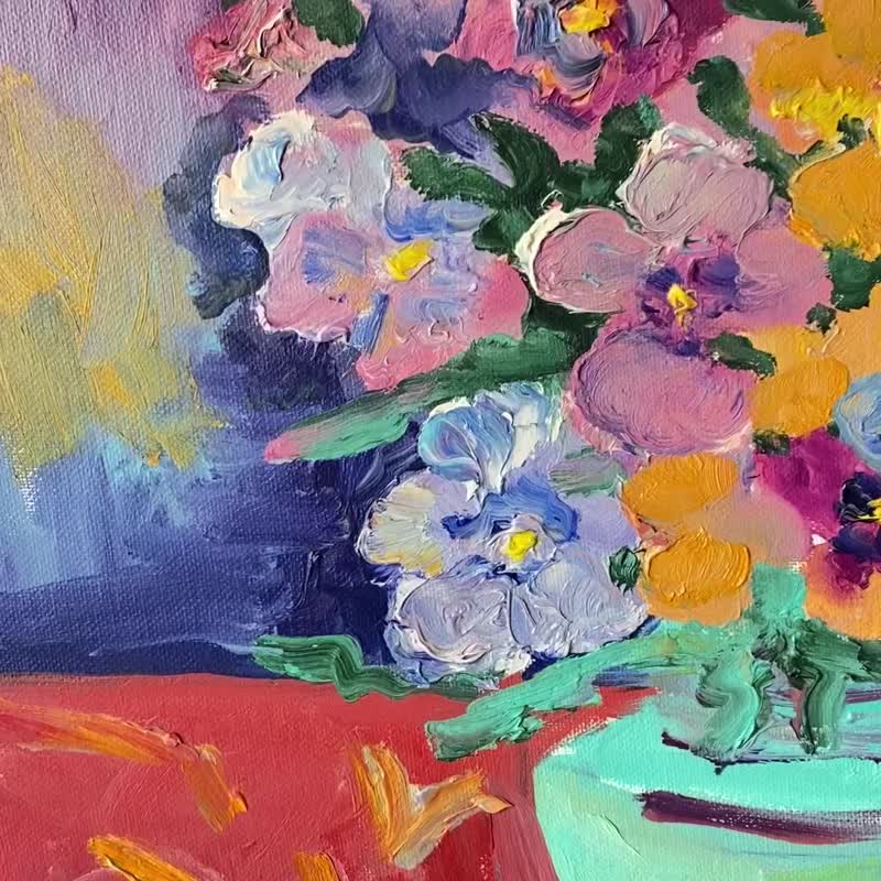 蓝色花瓶中的三色紫罗兰 布面油画 野兽派马蒂斯的静物画 - 海报/装饰画/版画 - 压克力 紫色