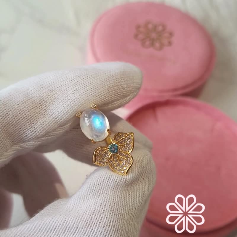 彩虹月光石 925 纯银镀玫瑰金 戒指 - 戒指 - 纯银 黄色