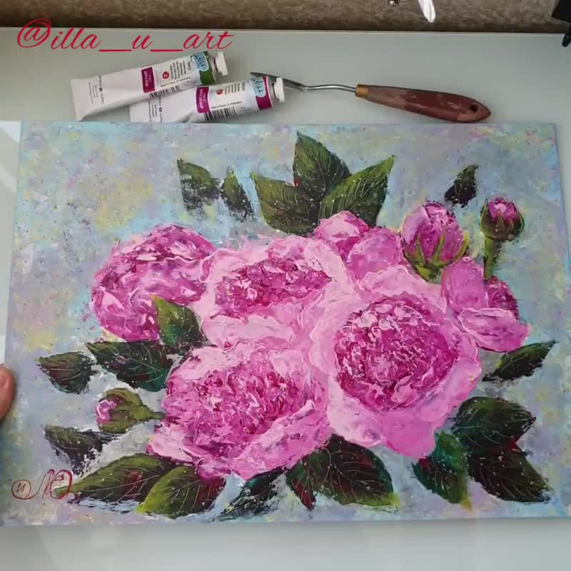 Rose Painting Bouquet Original Art Floral Wall Art Pink Flower Acrylic Painting - 海报/装饰画/版画 - 其他材质 多色