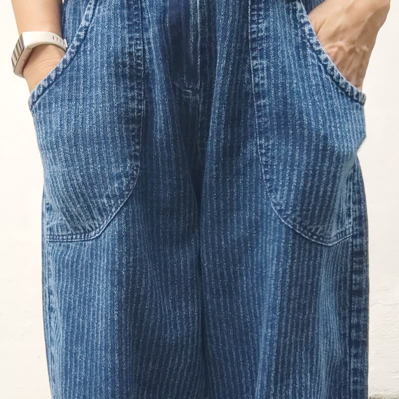 Rope Straight Fit - 石洗阔腿裤 - 女装长裤 - 棉．麻 蓝色