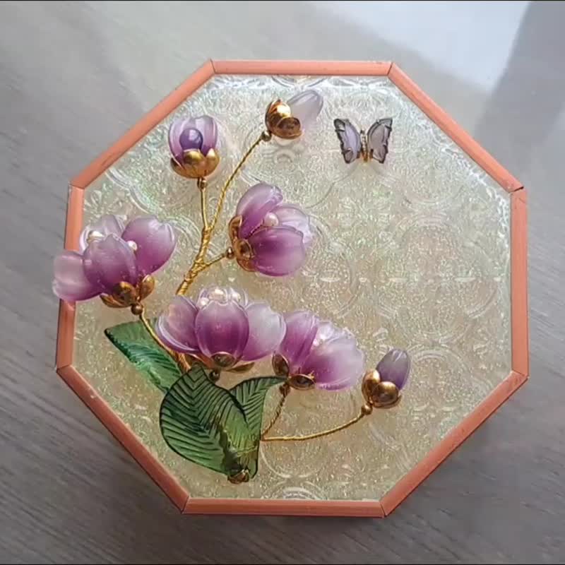 复古海棠玻璃纹~【蝶恋花】八角首饰盒 - 收纳用品 - 其他材质 紫色