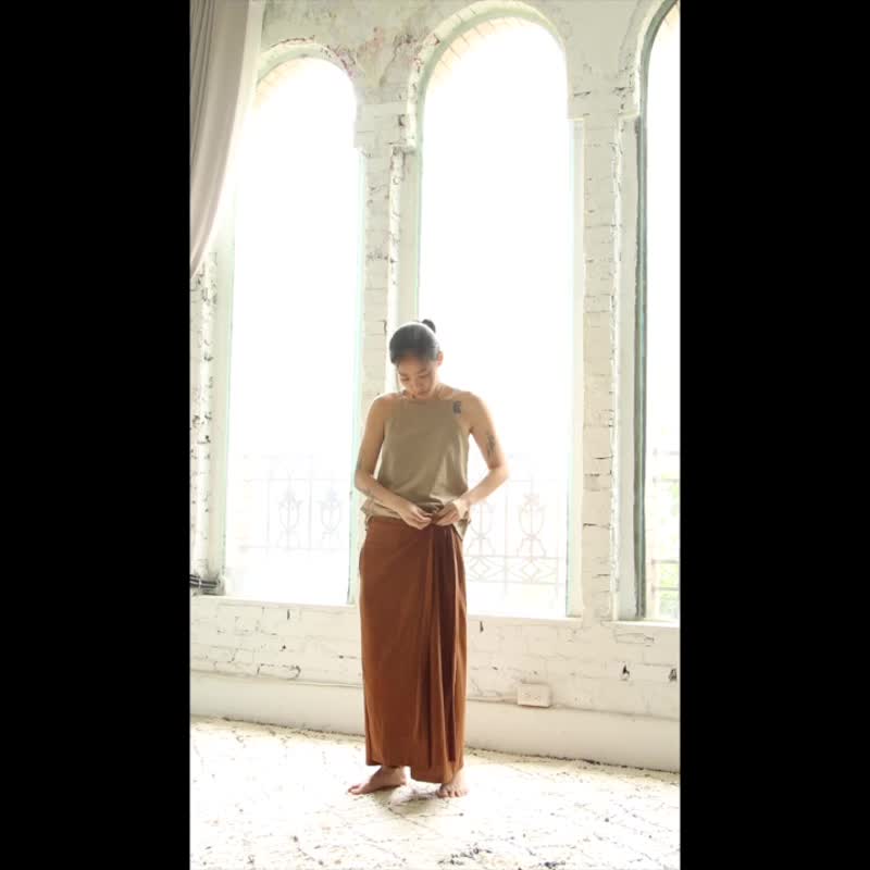 OMAKE 前覆片侧绑带长裤 / 菱纹布 灰绿 - 女装长裤 - 棉 绿色