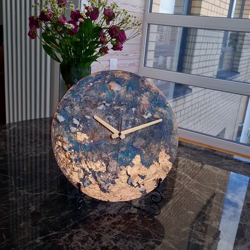 Abstract wall clock Gray teal blue white wall clock Copper leaf paint Art clock - 时钟/闹钟 - 木头 灰色