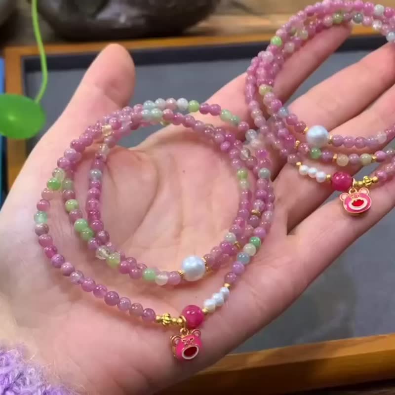 草莓熊粉嘟嘟甜妹手链天然巴西碧玺多圈手链项链开运吉祥生日礼物 - 手链/手环 - 水晶 