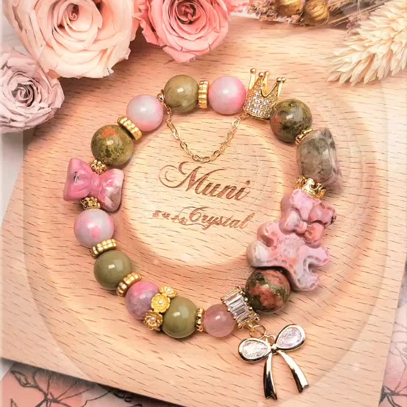 玫瑰园的午茶时光。14k金包铜保色玫瑰小熊饼干玫瑰石典雅设计款 - 手链/手环 - 水晶 粉红色