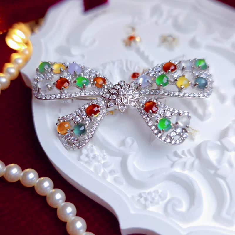 招财•转运|冰胶放光多宝蝴蝶结|缅甸A货翡翠纯银胸针吊坠 - 胸针 - 玉石 