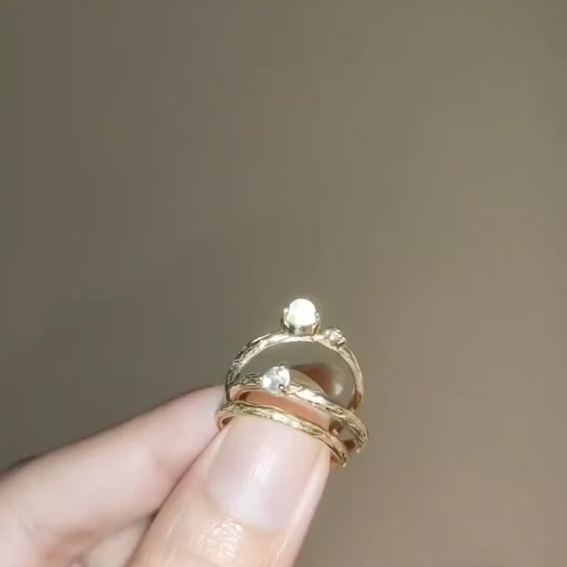 925 Sterling Silver - Twin Moon gemstones in Gold 9K plated - 戒指 - 纯银 金色