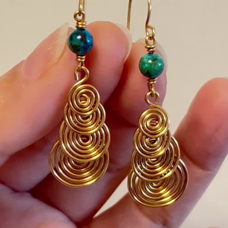 手工绕线 凤凰石 天然石 耳环 - 耳环/耳夹 - 水晶 咖啡色