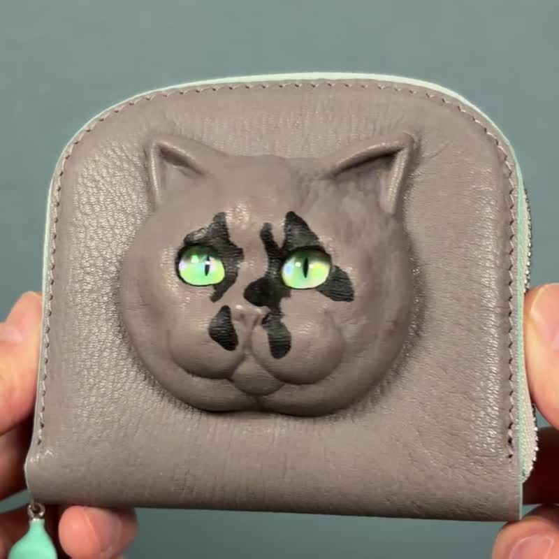 3D 英国短毛猫 皮革钱包 – 独特日本手工制作 - 皮夹/钱包 - 真皮 灰色