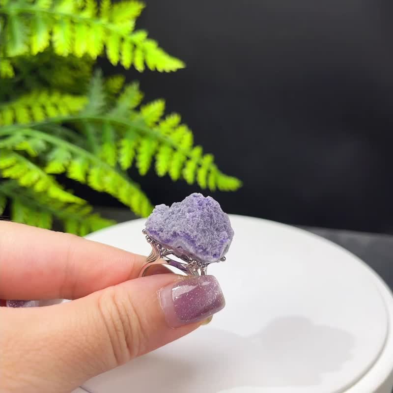 浅色雾面 紫水晶活口戒指 随形原石标本 异象闪片手工指环 S925银 - 戒指 - 水晶 紫色