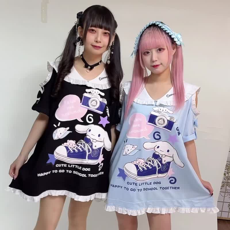 原创三丽鸥SANRIO大耳狗喜拿荷叶边耳朵露肩水手服短袖T恤JJ5070 - 女装 T 恤 - 棉 