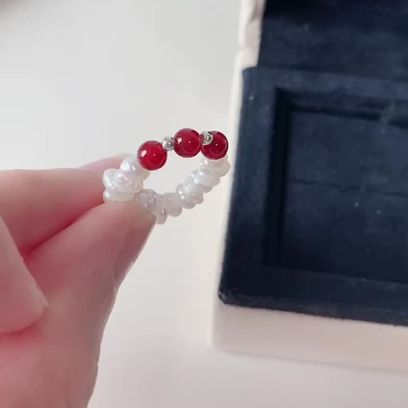 天然巴洛克珍珠配石榴石银珠戒指 - 戒指 - 珍珠 多色