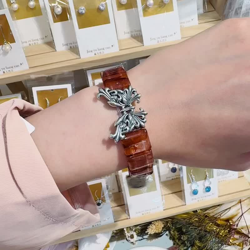 玫瑰红胶花大凤蝶纯银设计款手排开运招财招贵人增人缘避邪挡煞 - 手链/手环 - 水晶 红色