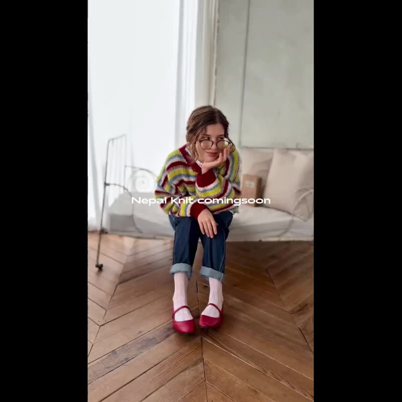 尼泊尔山区编织者编织出的手工条纹针织套头衫 red - 女装针织衫/毛衣 - 羊毛 红色