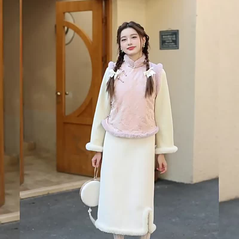 粉色 古典國風秋冬加絨漢服馬甲 立領裝飾 新中式春節上衣 - 洋装/连衣裙 - 聚酯纤维 粉红色