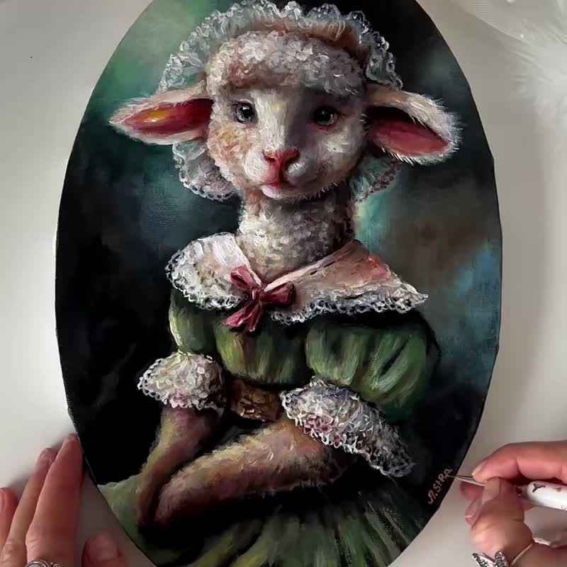 羊原创帆布画、羔羊墙艺术、动物复古肖像童话艺术 - 墙贴/壁贴 - 棉 多色