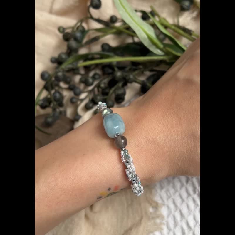 海蓝宝 拉长石 玻璃米珠x天然石 串珠手链 - 手链/手环 - 水晶 蓝色