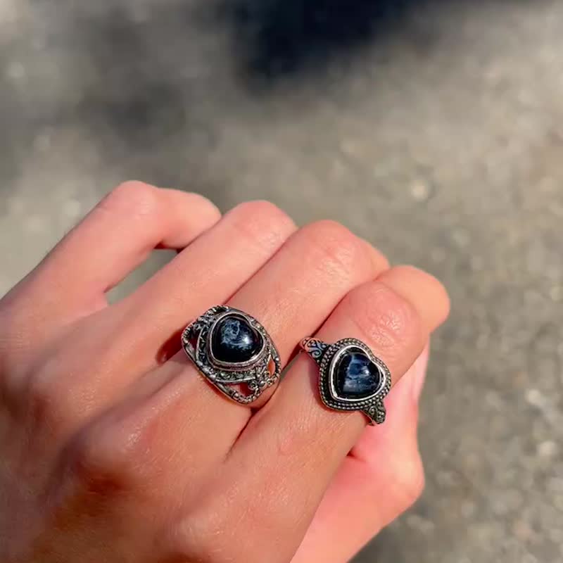 喜迎瑶 925银 彼得石 蓝彼得 活口 戒指 手工银饰 复古风 民族风 - 戒指 - 水晶 银色