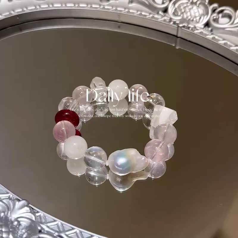 莫桑比克星光粉晶白兔毛雪花幽灵星光草莓晶天然长尾大巴珍珠设 - 手链/手环 - 水晶 粉红色