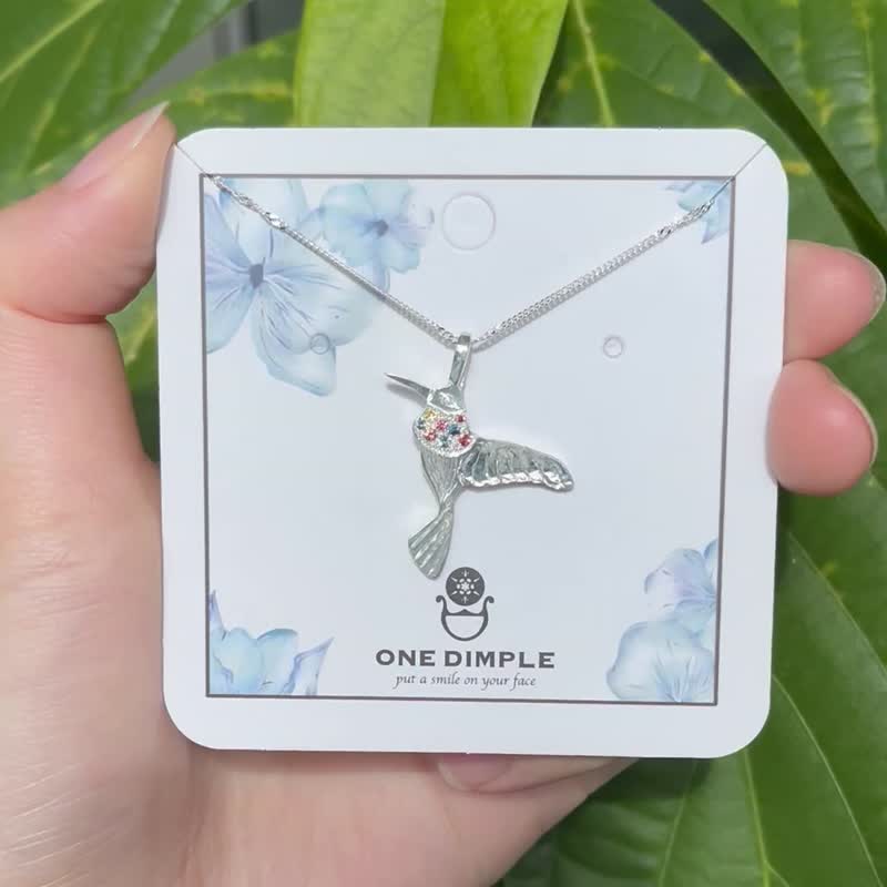 彩色蜂鸟 彩色蓝宝石 手工雕刻 925银 - 项链 - 纯银 银色