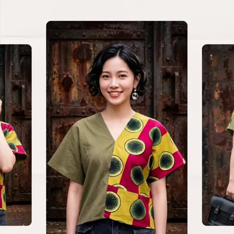 纯棉几何大圆点红条纹撞色秋香黄绿拼接短版四角衣罩衫 - 女装背心 - 棉 多色