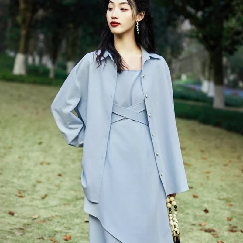 秋季法式长袖衬衫+背心裙套装  高腰显瘦两件套通勤感气质洋装 - 洋装/连衣裙 - 其他材质 蓝色