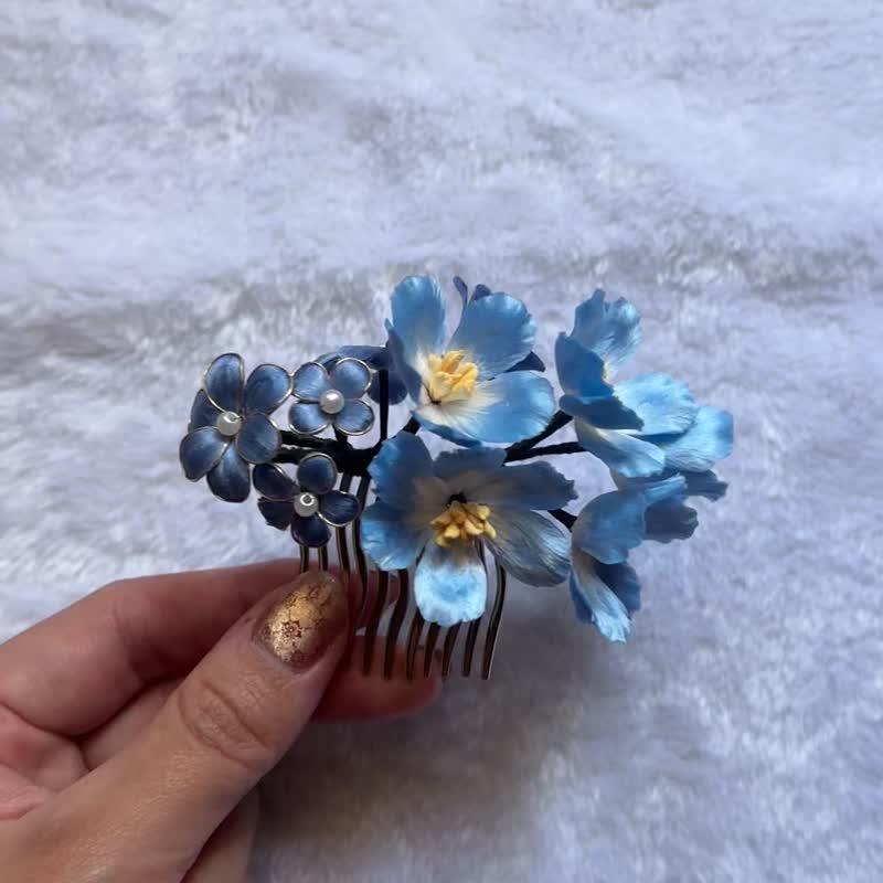 星辰花 绒花发饰 - 发饰 - 丝．绢 蓝色