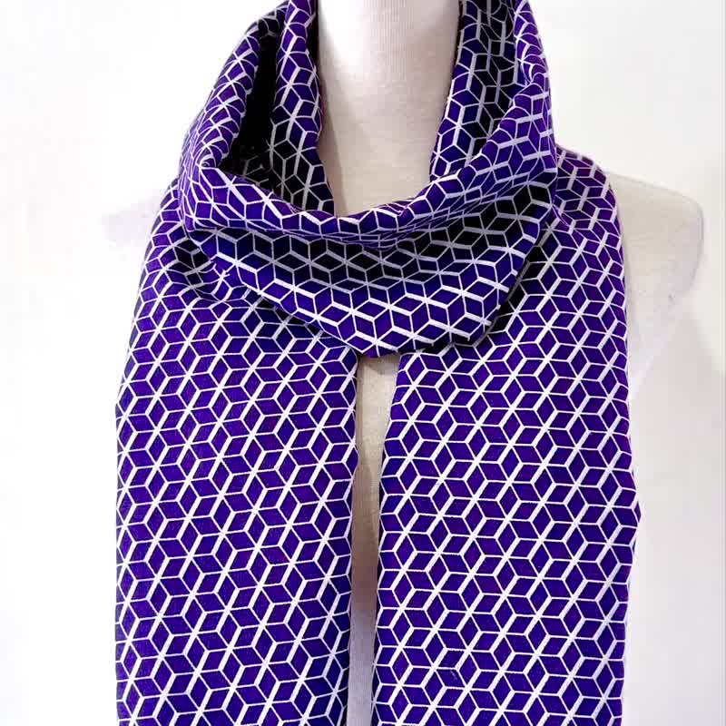 纯手作丝质紫色几何格撞色砖红线条晚霞黑色灰阶点点云朵围巾披肩 - 围巾/披肩 - 丝．绢 多色