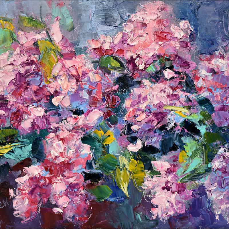 Lilac Painting Flower Original Art Bouquet Artwork Impasto Floral Impressionism - 海报/装饰画/版画 - 木头 多色