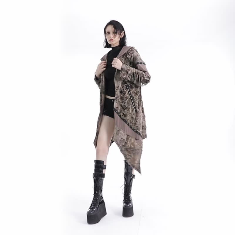 废土拜火魔法师扎染针织连帽外套 - 棕 / 黑 / 宽松版型 - 女装休闲/机能外套 - 其他材质 卡其色