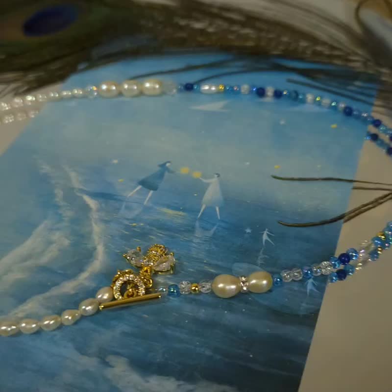 缇光夏日经典款 可双面戴珍珠蓝晶项链 蜜蜂OT扣 × Swarovski - 项链 - 珍珠 