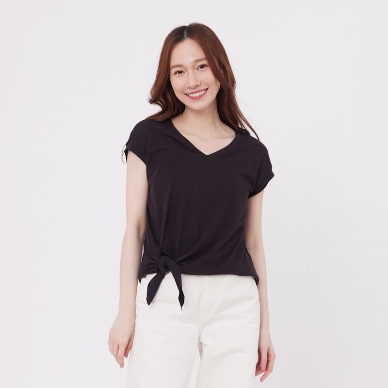 Soft cotton V neck Knot-Front Tee / Black - 女装 T 恤 - 棉．麻 黑色