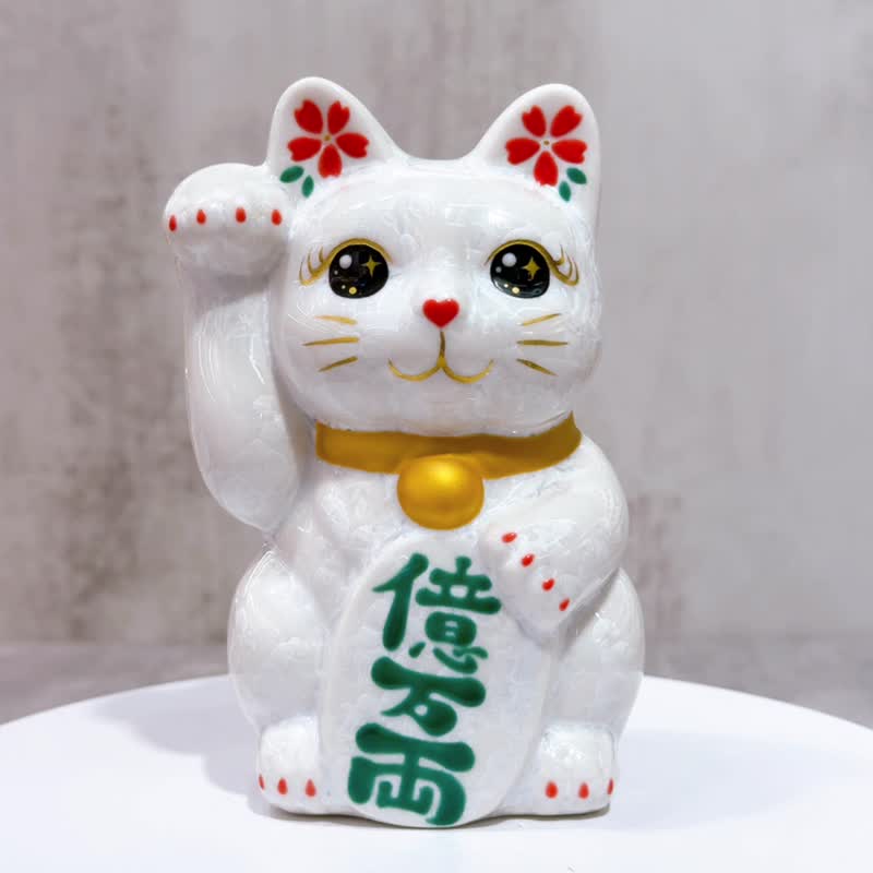 【福耀京烧】日本清水烧招财猫 | 花结晶 白 亿万両 右 - 摆饰 - 瓷 白色