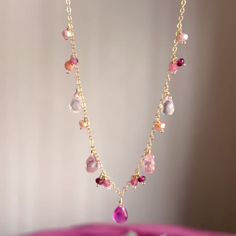 14KGF 粉红色宝石 华丽项链 / 情人节 / 粉红蓝宝石 草莓晶 粉晶 - 项链 - 宝石 粉红色