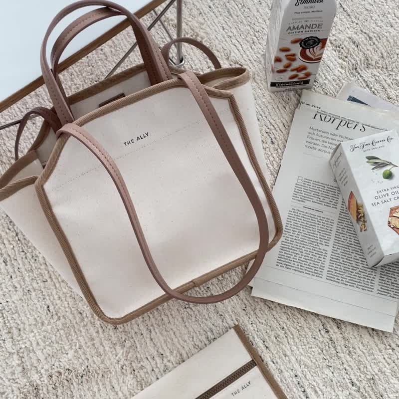 韩国 The Ally | MOND BAG (附小袋)| 中 | 米色 | 手袋 单肩包 - 手提包/手提袋 - 棉．麻 卡其色