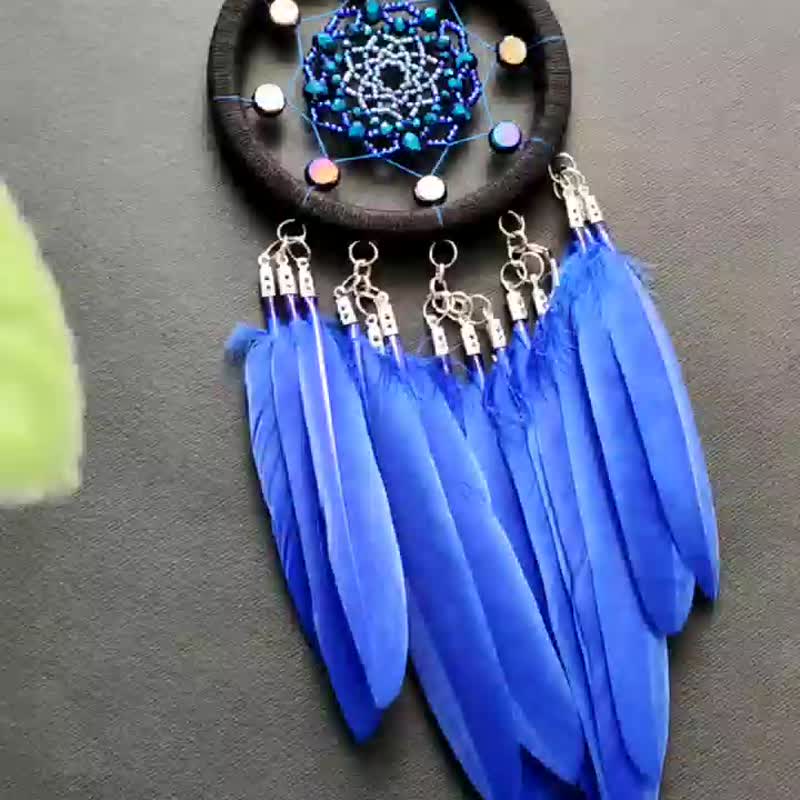 Small royal blue dream catcher car rear view mirror hanging accessories 追夢人 - 墙贴/壁贴 - 绣线 蓝色