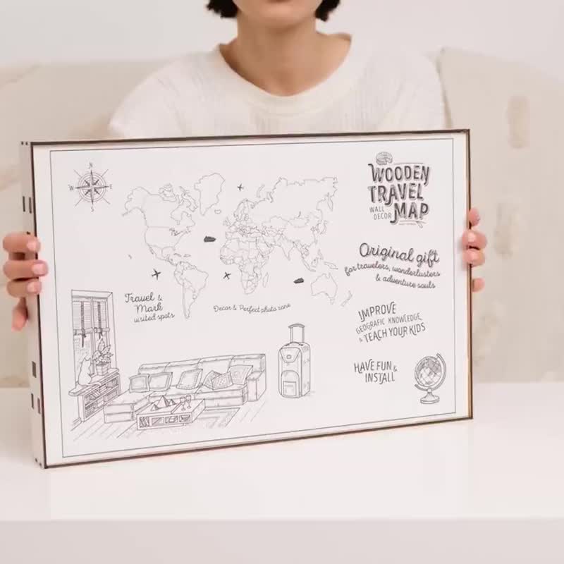 独特的旅行地图 男朋友生日礼物 世界地图图钉 现代墙壁艺术 - 墙贴/壁贴 - 木头 多色