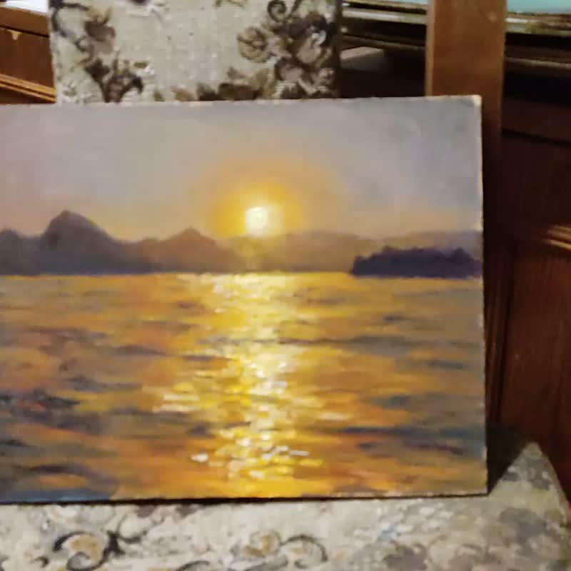 日落风景画原创海洋海滩艺术山脉艺术品 - 海报/装饰画/版画 - 其他材质 紫色